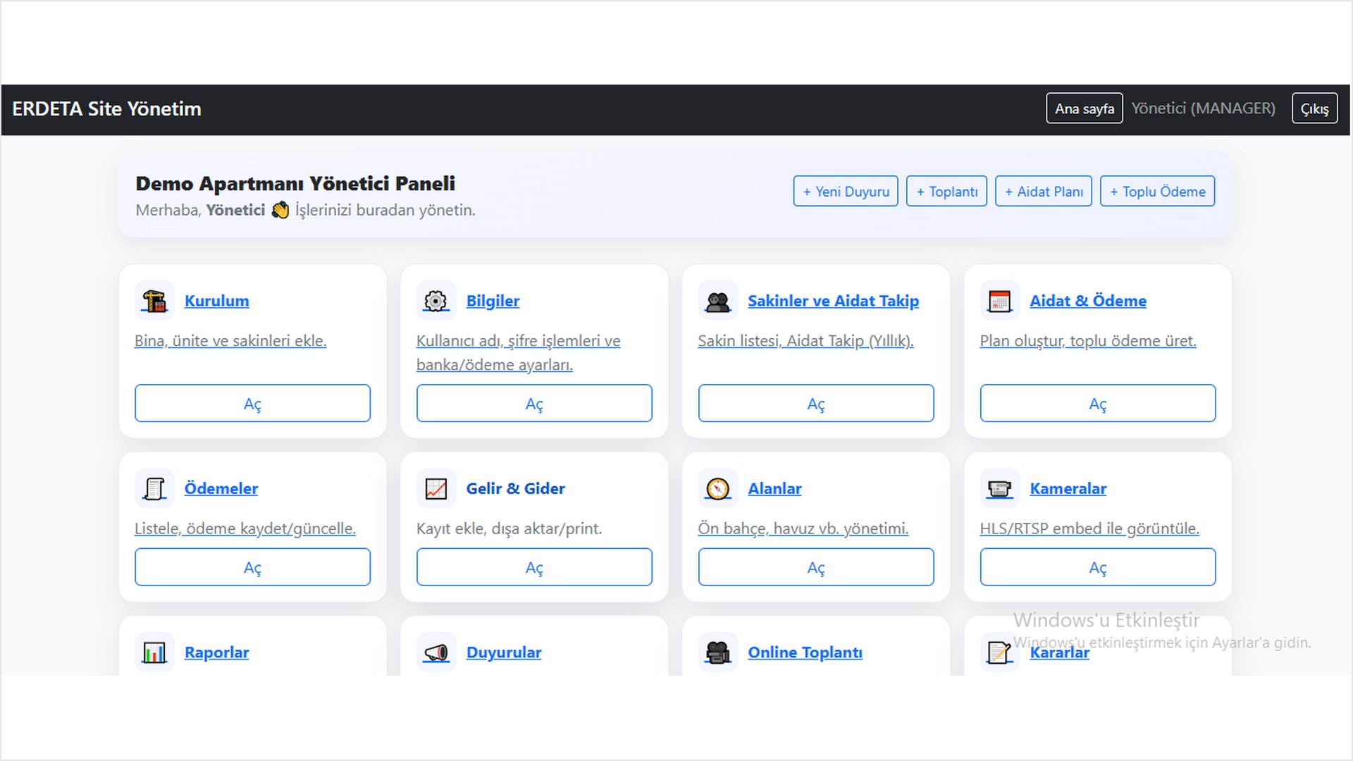 Yönetici Paneli ekran görüntüsü
